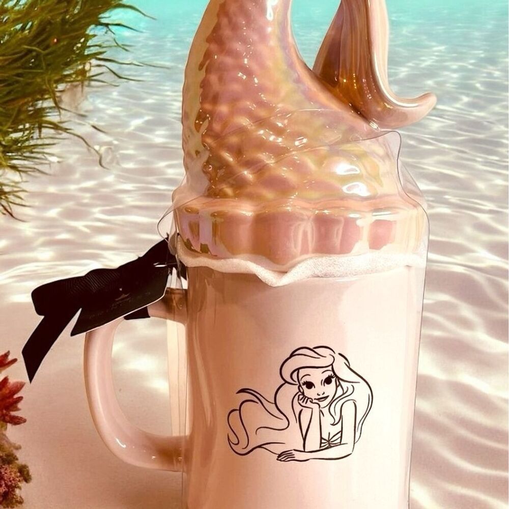 Rae Dunn Disney Ariel Little Mermaid 2 Sided Mug w/ Mermaid Tail Topper Pink NWT